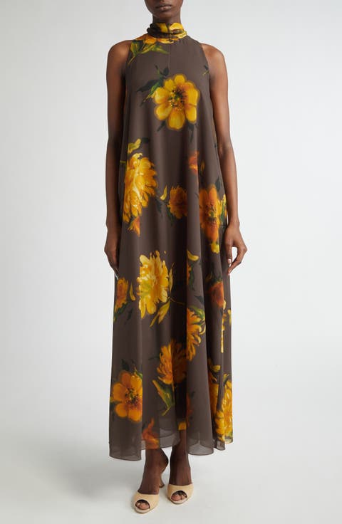 Floral Print Tie Neck Sleeveless Chiffon Maxi Dress