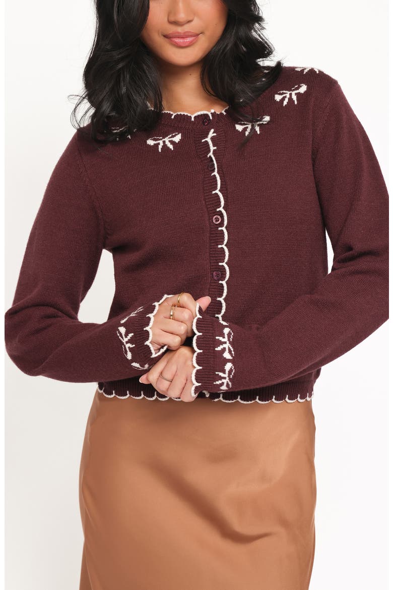 Payton Bow Scallop Cardigan, Alternate, color, PLUM