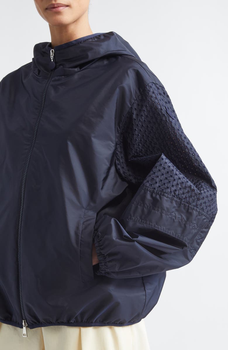 Moncler Zelkova Eyelet Trim Hooded Rain Jacket, Alternate, color, Navy Blue