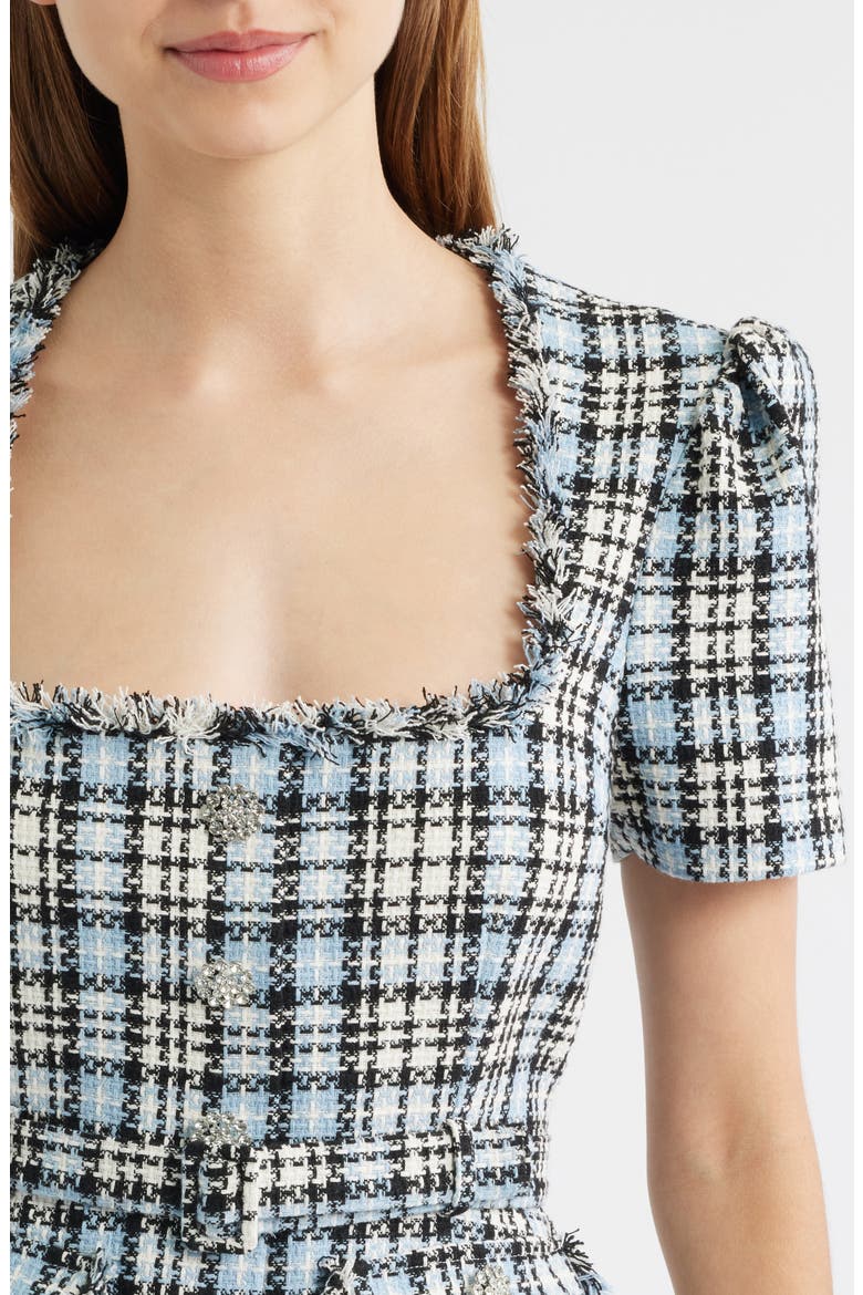 Cecelia Plaid Puff Sleeve Belted Tweed Dress, Alternate, color, BLACK/BLUE MULTI