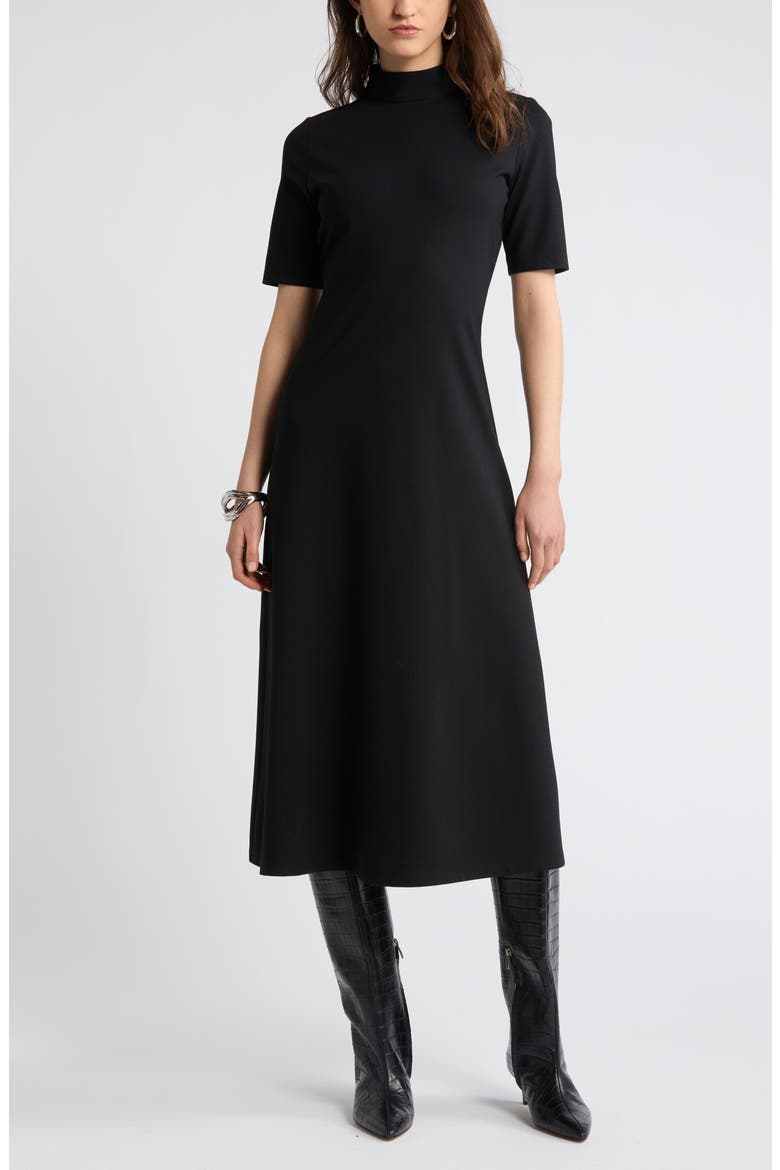 Mock Neck Ponte Knit Fit & Flare Dress, Main, color, BLACK