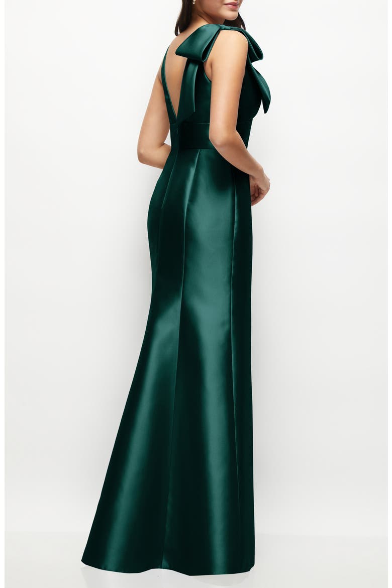 Bow Detail Sleeveless Satin Twill Trumpet Gown, Alternate, color, EVERGREEN