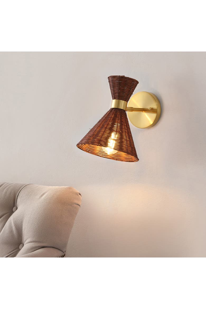 Zoey 1-Light Mid-Century Vintage Retro Rattan/Metal LED Sconce with Adjustable Shade, Alternate, color, Brass Gold/Dark Brown