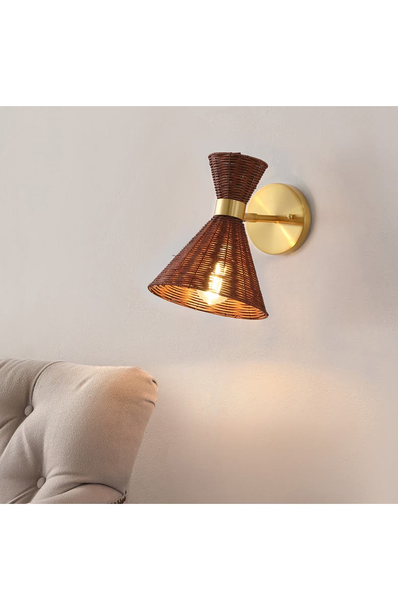JONATHAN Y Zoey 1-Light Mid-Century Vintage Retro Rattan/Metal LED Sconce with Adjustable Shade, Alternate, color, Brass Gold/Dark Brown