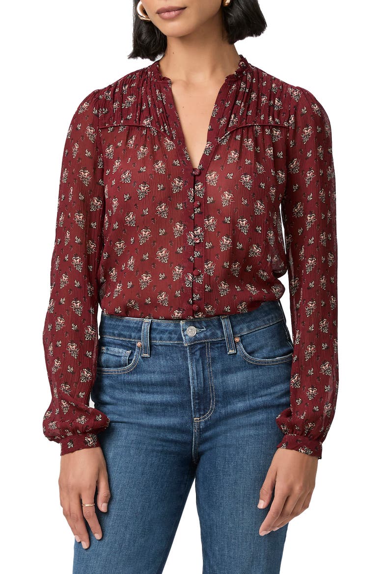Monika Leaf Print Silk Button-Up Shirt, Main, color, OXBLOOD MULTI