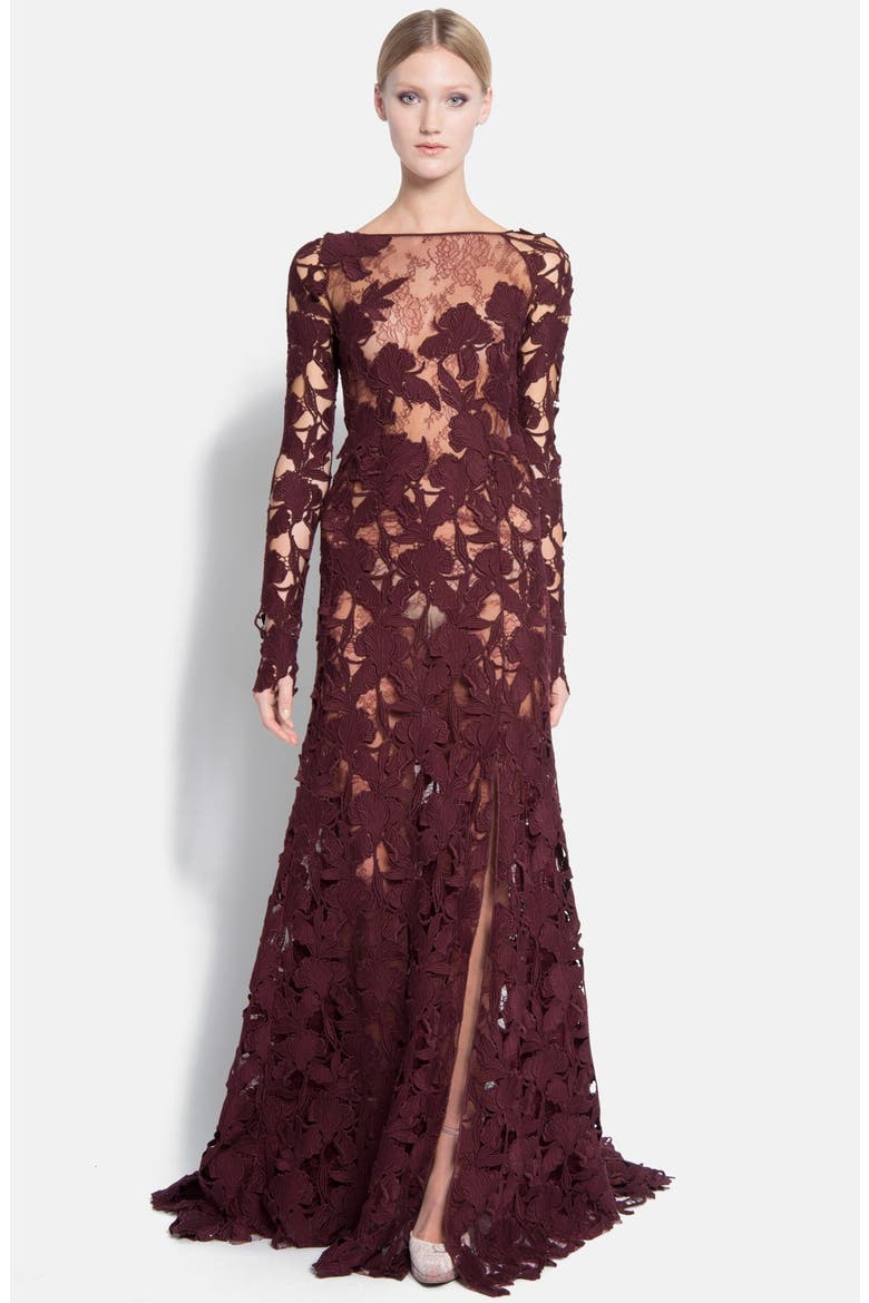 Macramé Lace Gown, Main, color, BORDEAUX