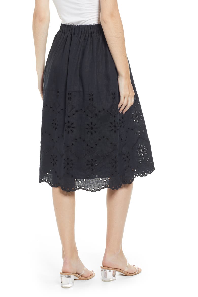 Eyelet Linen A-Line Skirt, Alternate, color, BLACK