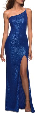 La Femme Simple One Shoulder Long Sequin Evening Gown
