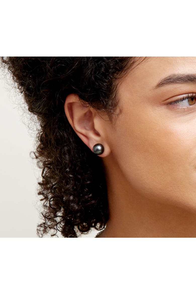 9mm Tahitian South Sea Round Pearl Stud Earrings, Alternate, color, Black Pearl - White Gold