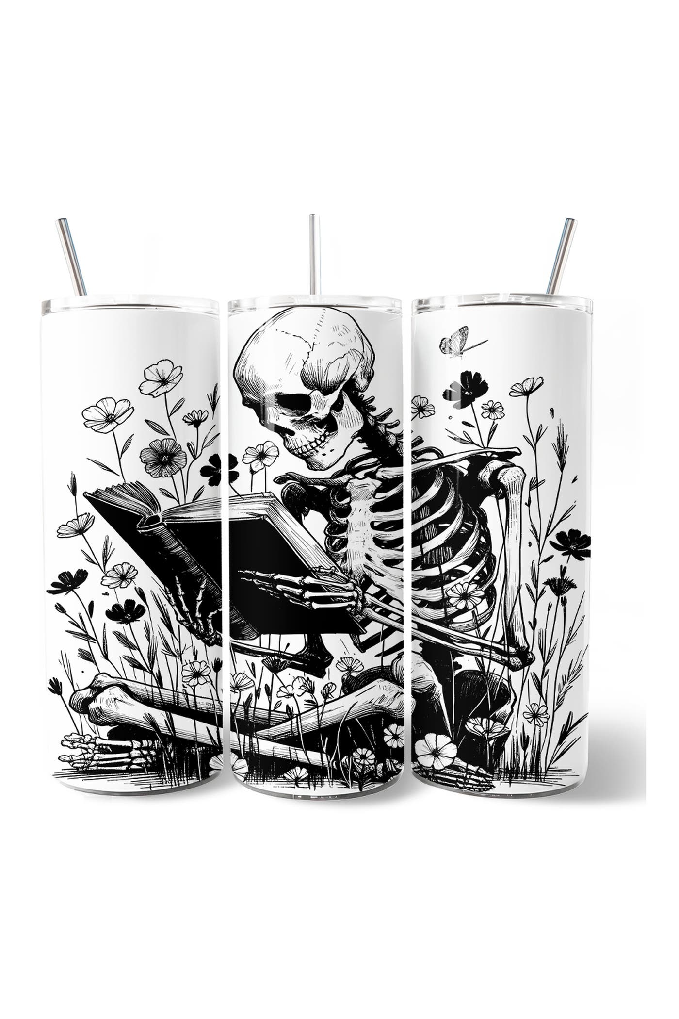 OrnamentallyYou Halloween Reading Skeleton Floral Bookworm Tumbler ...
