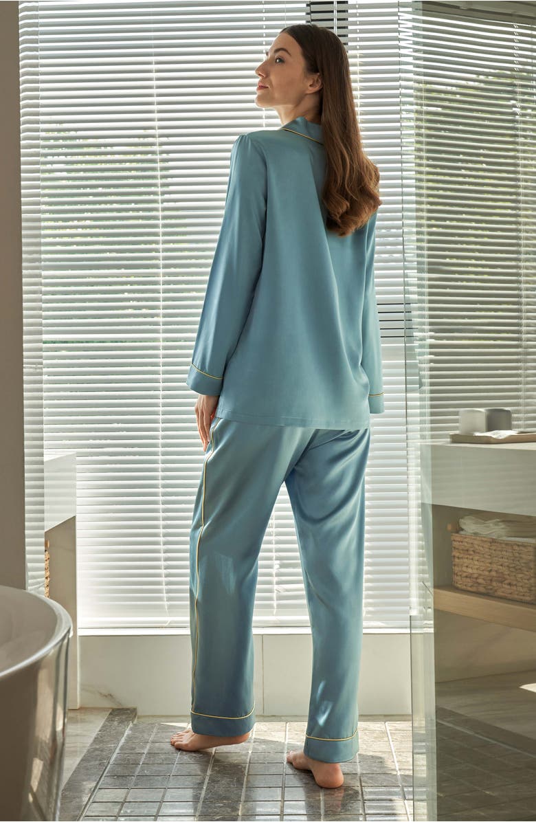 Lilysilk Gold Piping Silk Pajamas Set, Alternate, color, Blue Haze