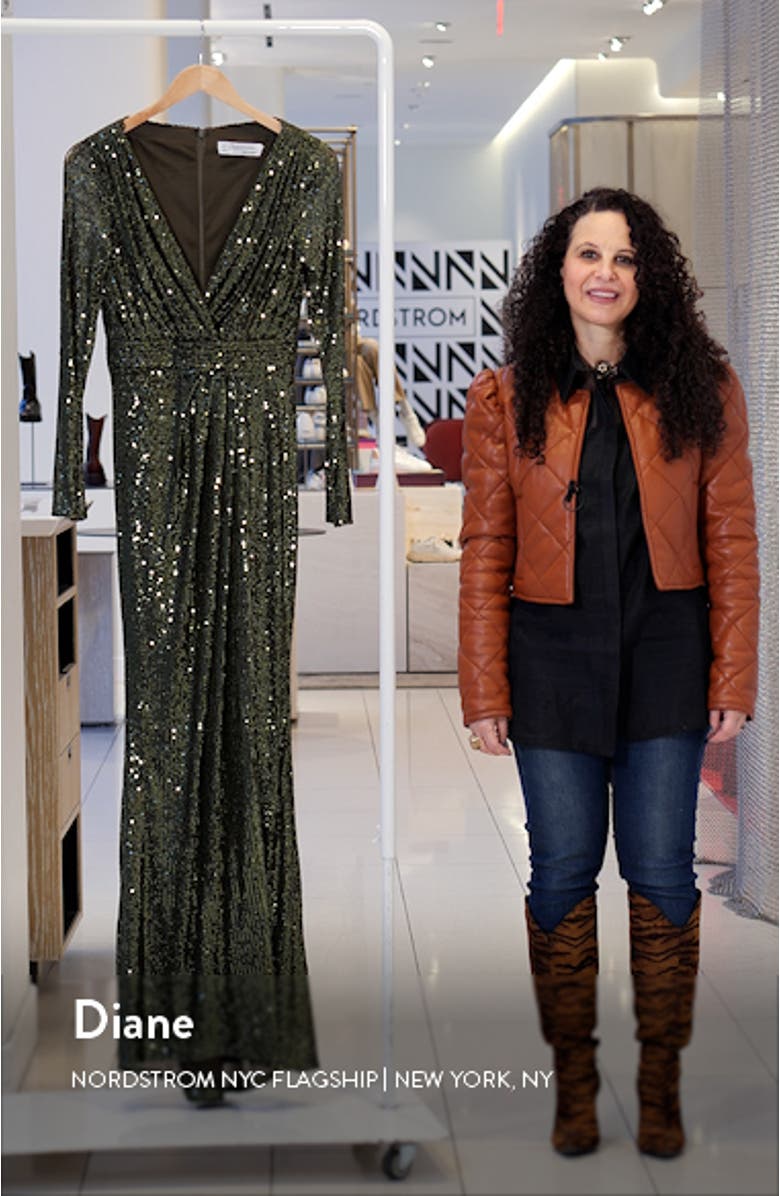 Sequin Long Sleeve Faux Wrap Gown, sales video thumbnail