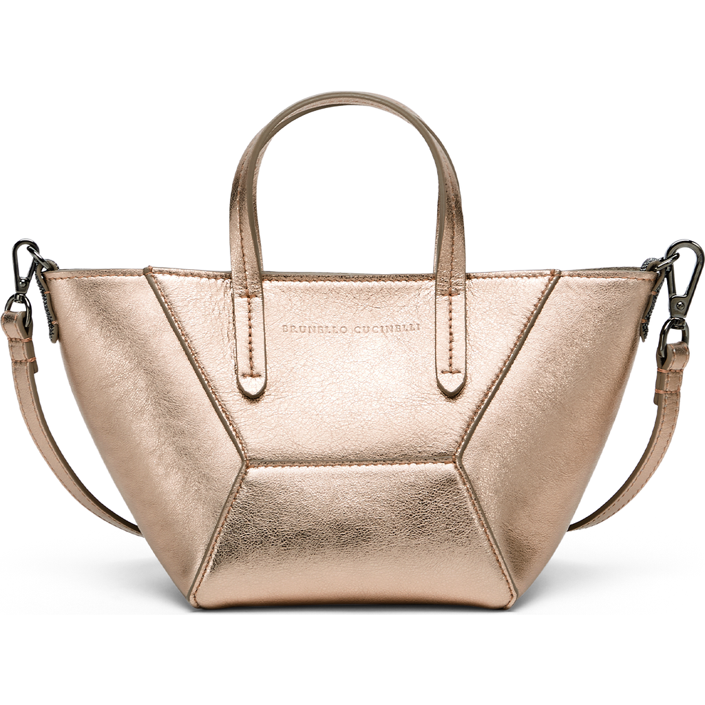 Shop Brunello Cucinelli Mini Lamé Calfskin Bc Duo Bag In Hazelnut