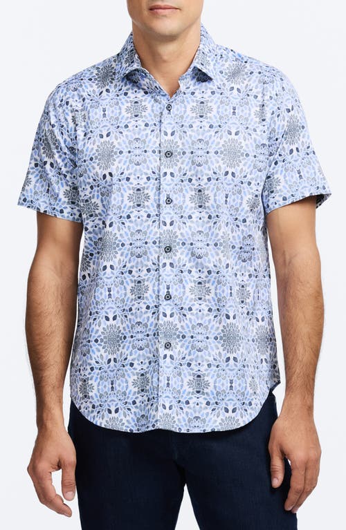 Robert Graham Amagansett Abstract Floral Short Sleeve Stretch Cotton Button-up Shirt In Blue