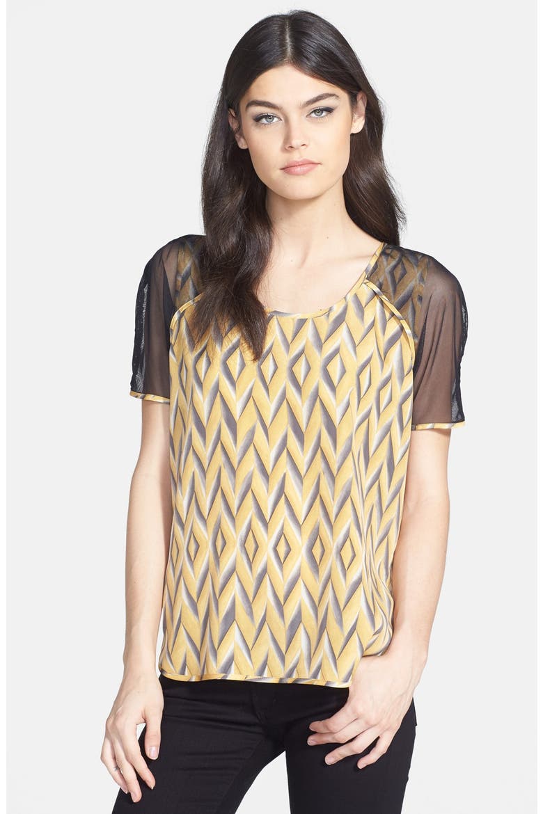 Mesh Sleeve Print Top, Main, color, BLACK YELLOW PRINT