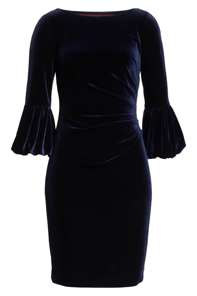 Bubble Sleeve Velvet Sheath Dress, Alternate, color, NAVY