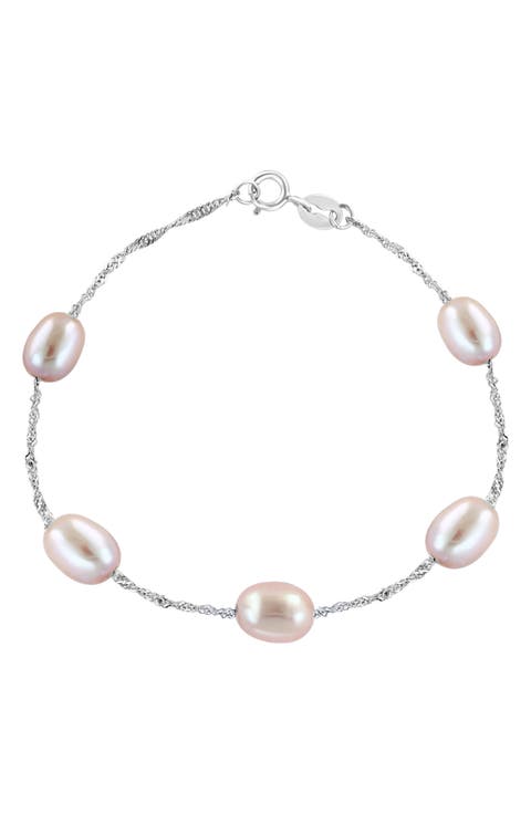 Sterling Silver 7mm Pink Freshwater Pearl Station Bracelet