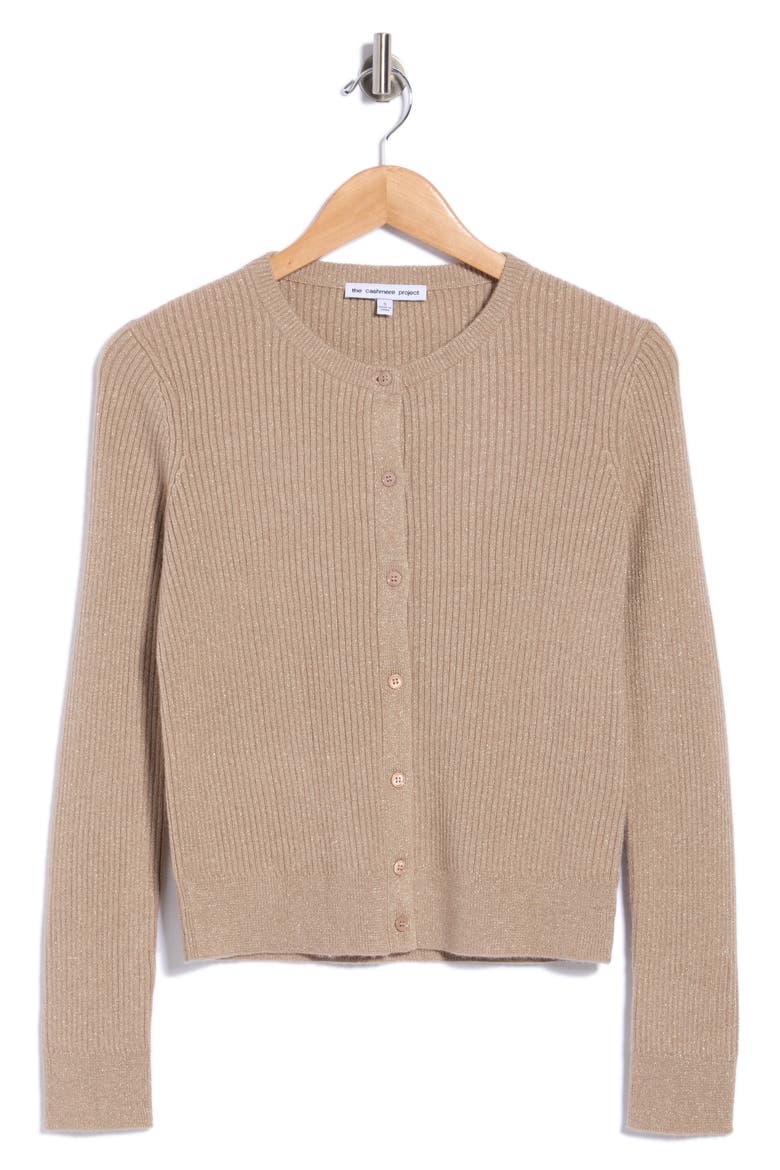 Ribbed Metallic Cashmere Cardigan, Main, color, TAUPE HEATHER/ GOLD LUREX