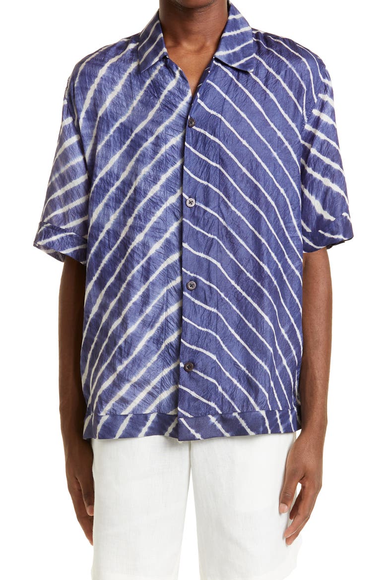 Mens' Bakhoven Tie Dye Chevron Short Sleeve Button-Up Shirt, Main, color, NAVY/ ECRU