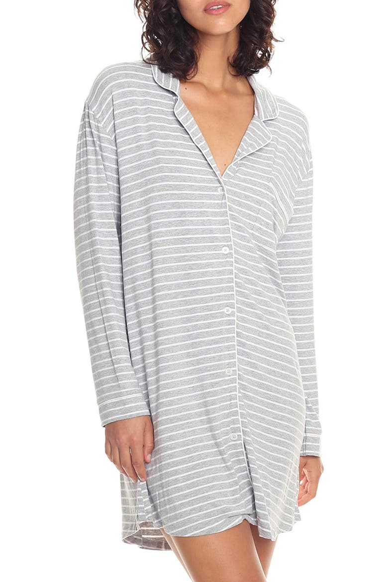 Kate Stripe Long Sleeve Nightgown, Alternate, color, GREY/ WHITE STRIPE