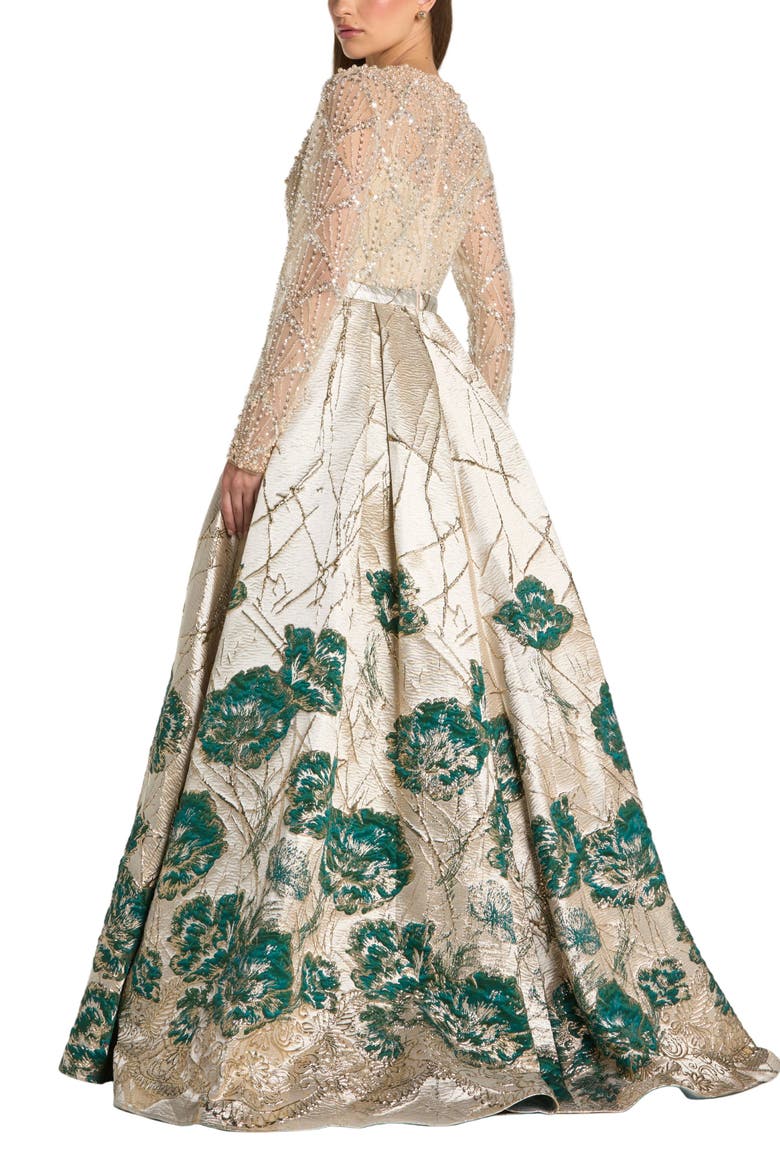 Long Sleeve Embellished Floral Brocade Gown, Alternate, color, Champagne Teal