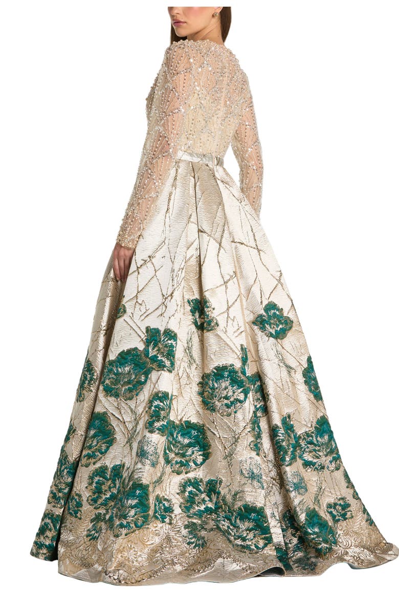 Mac Duggal Long Sleeve Embellished Floral Brocade Gown, Alternate, color, Champagne Teal