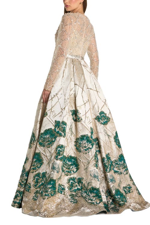 Mac Duggal Long Sleeve Embellished Floral Brocade Gown In Neutral