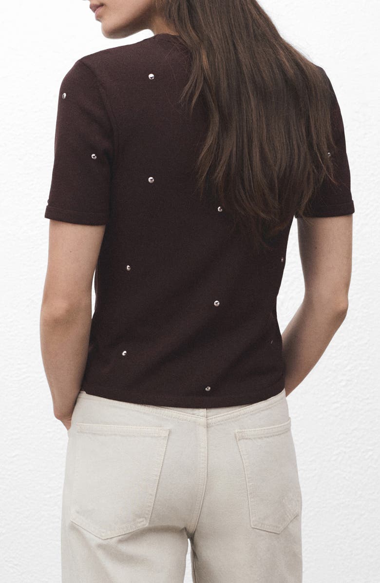 MANGO Studded Short Sleeve Sweater, Alternate, color, Brown