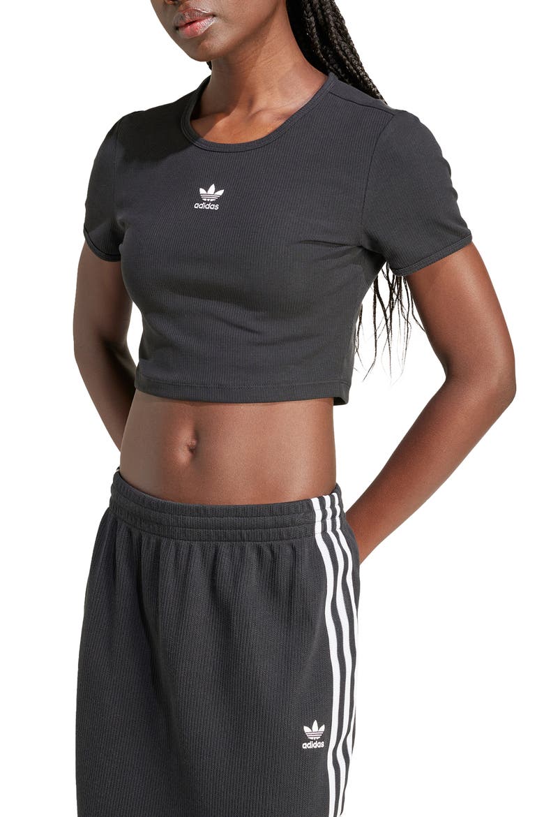 Essentials Trefoil Logo Crop Rib T-Shirt, Main, color, BLACK