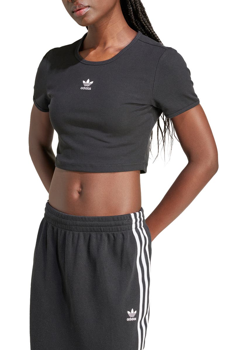 adidas Originals Essentials Trefoil Logo Crop Rib T-Shirt, Main, color, Black