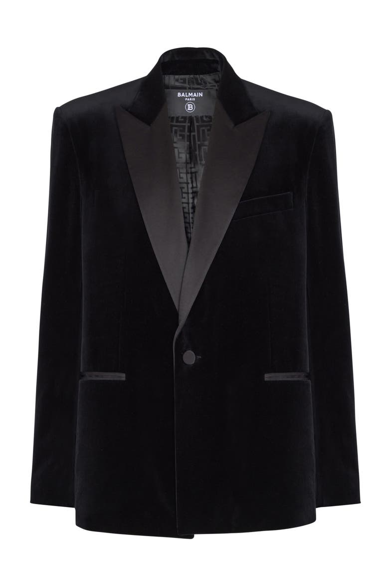 Velvet and satin 1-button blazer, Main, color, black
