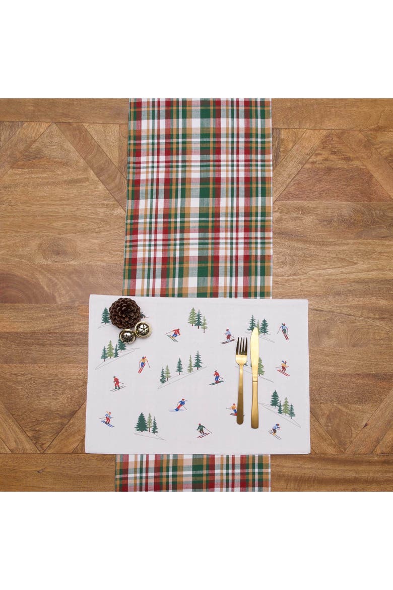 Alpine Skiers Winter Sports Reversible Plaid Set of 6 Placemats 14" x 20", Alternate, color, White