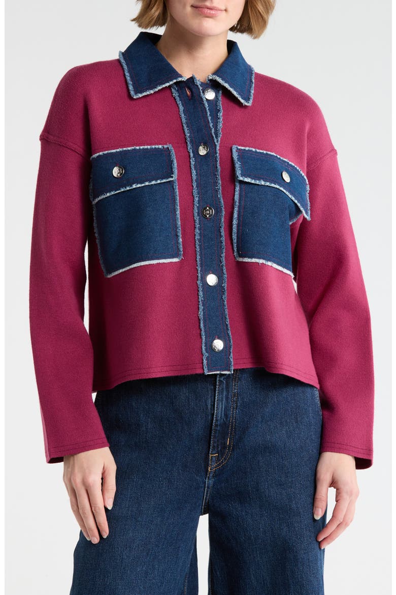 Mixed Media Denim Sweater, Main, color, MERLOT/ DENIM