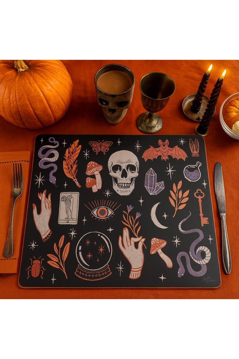 Halloween Skull Magic Hardboard MDF Placemat Set of 6, 13" x 16", Alternate, color, Black