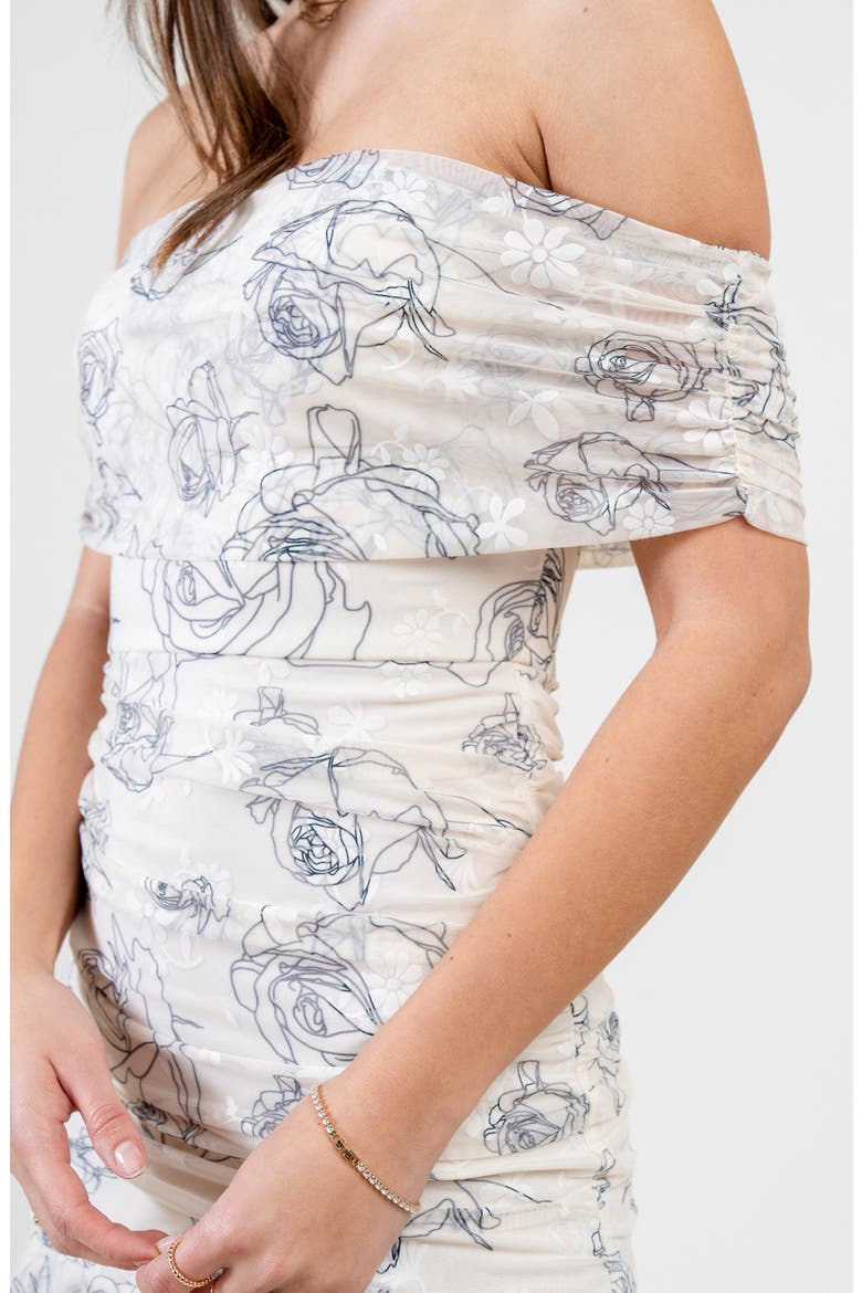 Floral Mesh Off the Shoulder Ruched Minidress, Alternate, color, IVORY CHARCOAL
