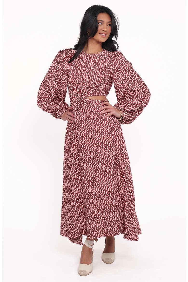 Ginnee Puff Shoulder Cutout Maxi Dress, Alternate, color, BROWN GEO
