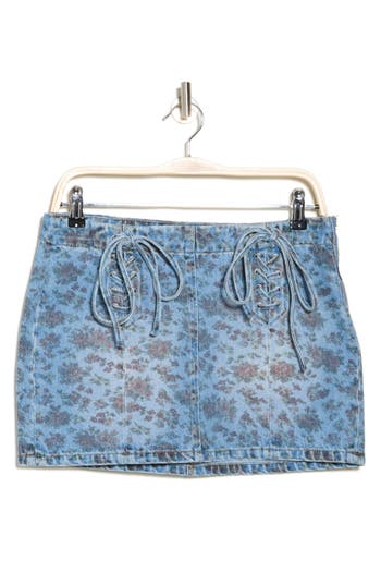 Ptcl Laced Front Flower Print Denim Miniskirt In Medium Wash