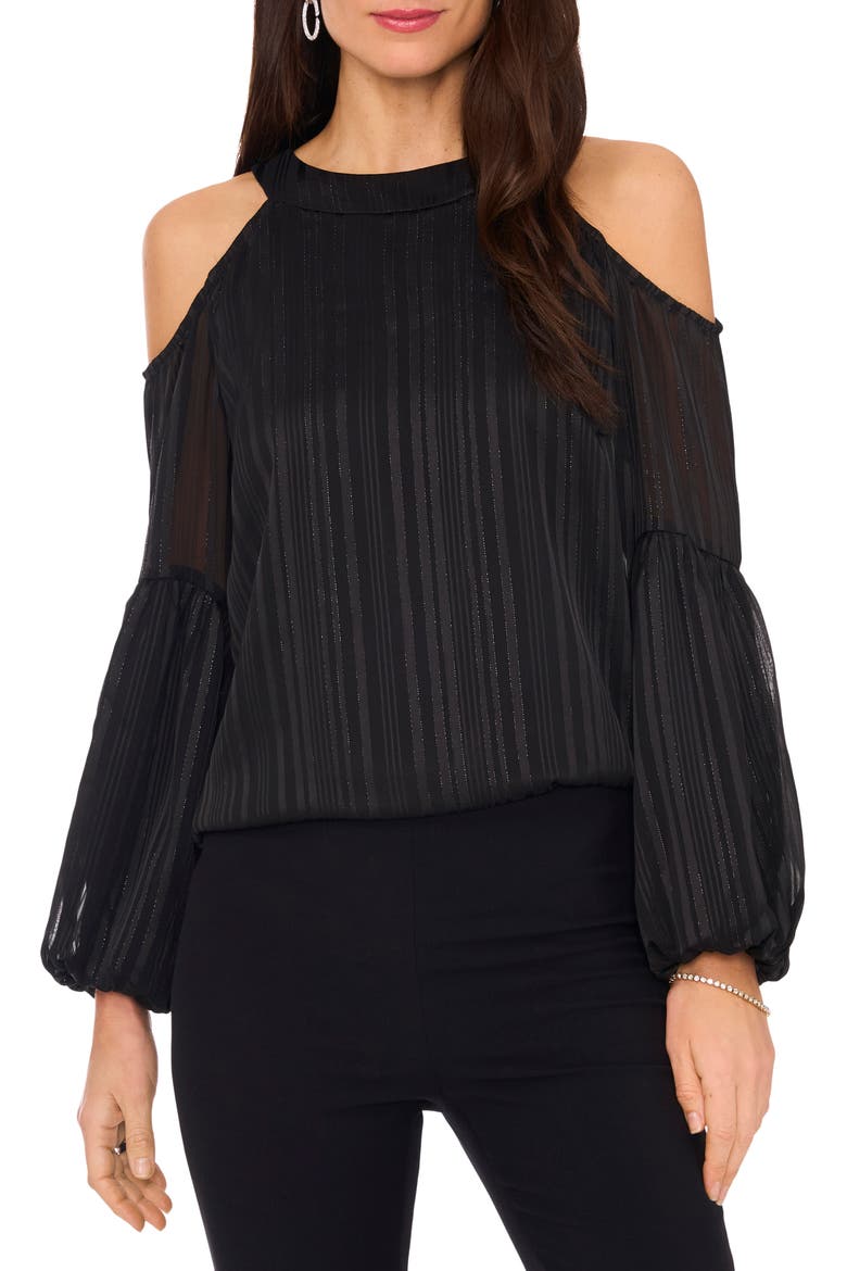 Metallic Cold Shoulder Balloon Sleeve Top, Main, color, RICH BLACK