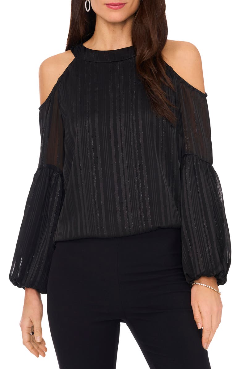 Chaus Metallic Cold Shoulder Balloon Sleeve Top, Main, color, Rich Black