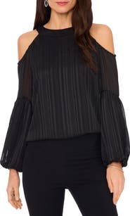 Chaus Metallic Cold Shoulder Balloon Sleeve Top