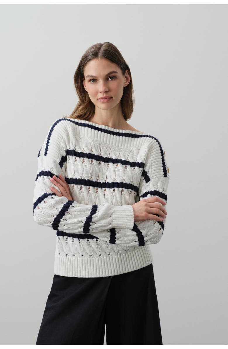 NAKED CASHMERE Paula Stripped Boatneck Sweater, Alternate, color, Tennis White/Club Blue