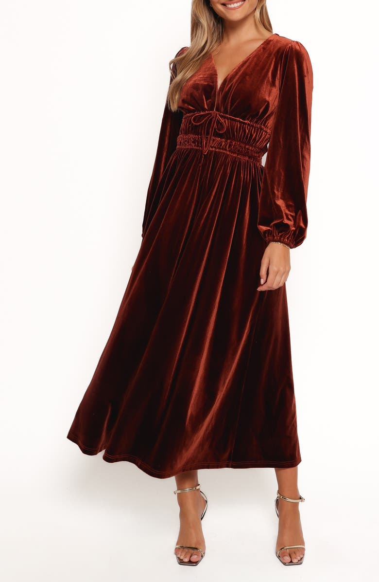Petal & Pup Cece Long Sleeve Velvet Maxi Dress, Main, color, Rust