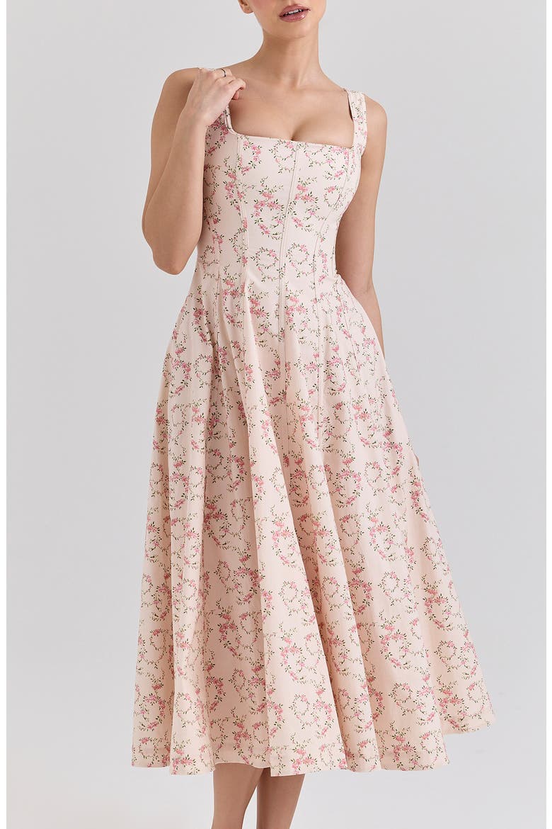 Mariabella Lace-Up Stretch Cotton Midi Dress, Alternate, color, VINTAGE FLORAL CREAM