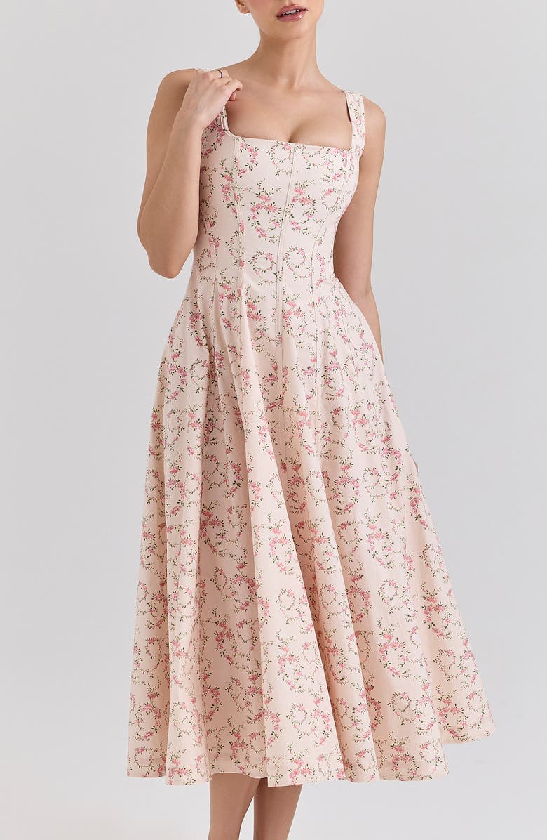 HOUSE OF CB Mariabella Lace-Up Stretch Cotton Midi Dress, Alternate, color, Vintage Floral Cream