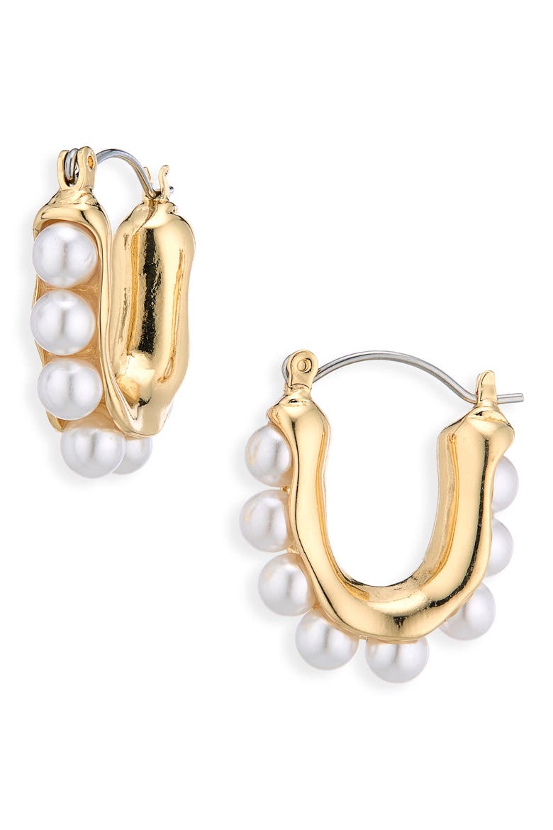 Faux Pearl U-Shape Hoop Earrings, Main, color, GOLD/ IVORY