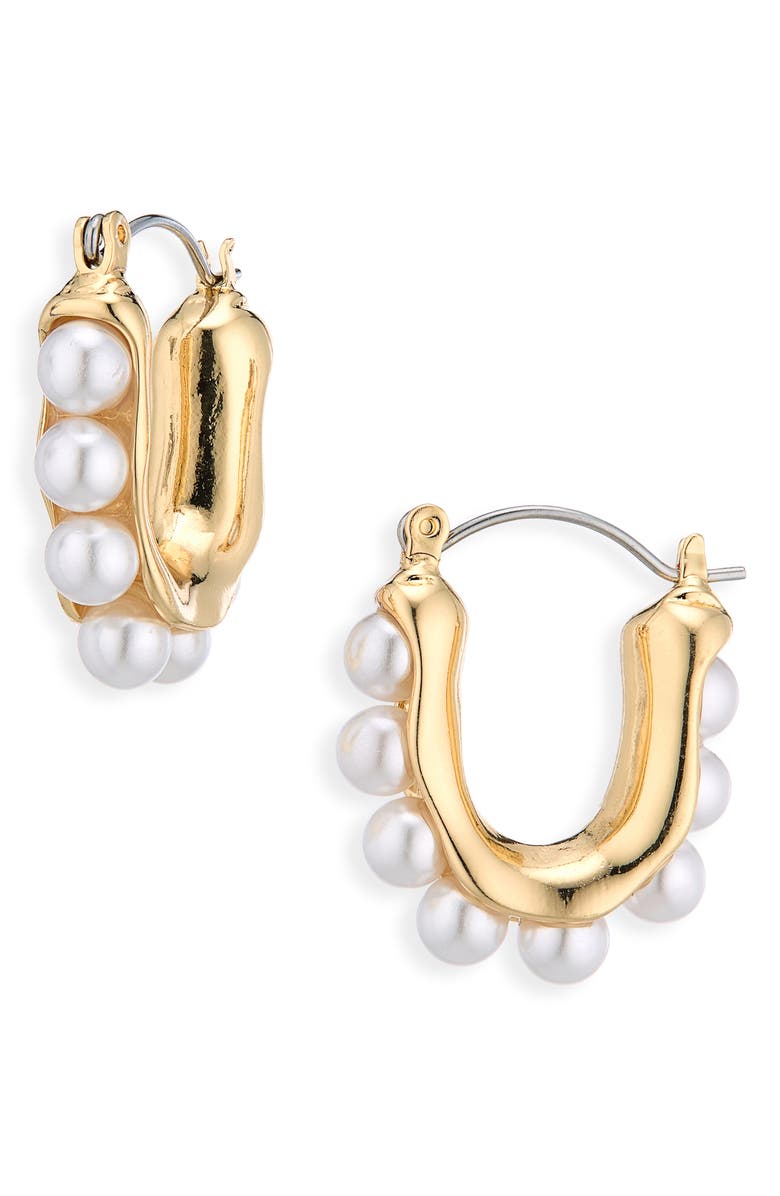 Cara Faux Pearl U-Shape Hoop Earrings, Main, color, Gold/ Ivory