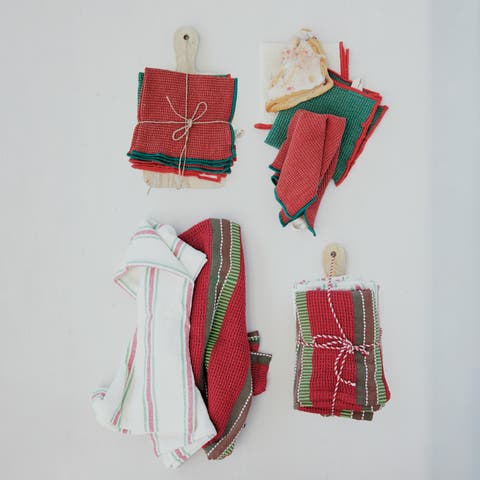 Artisan Stripe Cotton Tea Towel Set with Mango Wood Board