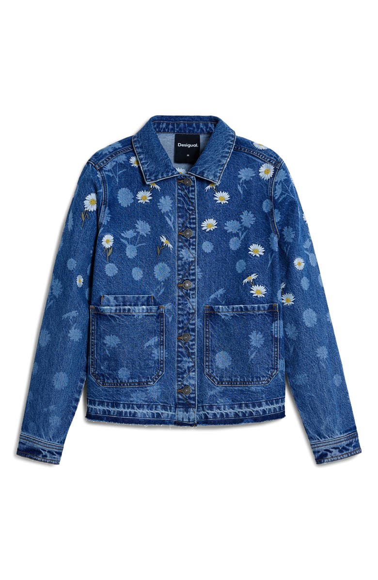 Desigual Floral Embroidered Denim Trucker Jacket, Alternate, color, Medium Blue