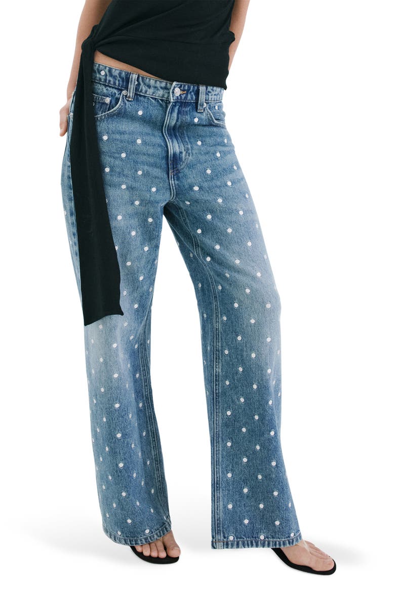 Polka Dot Straight Leg Jeans, Main, color, MEDIUM BLUE