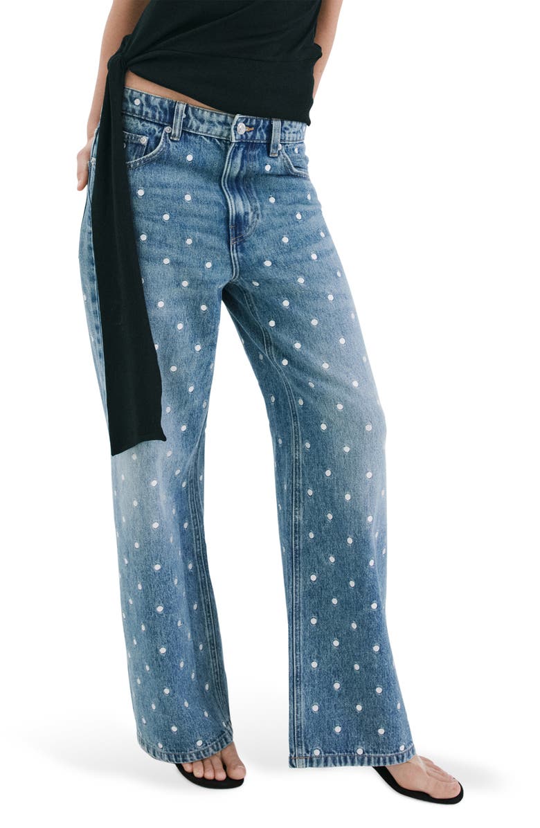 MANGO Polka Dot Straight Leg Jeans, Main, color, Medium Blue